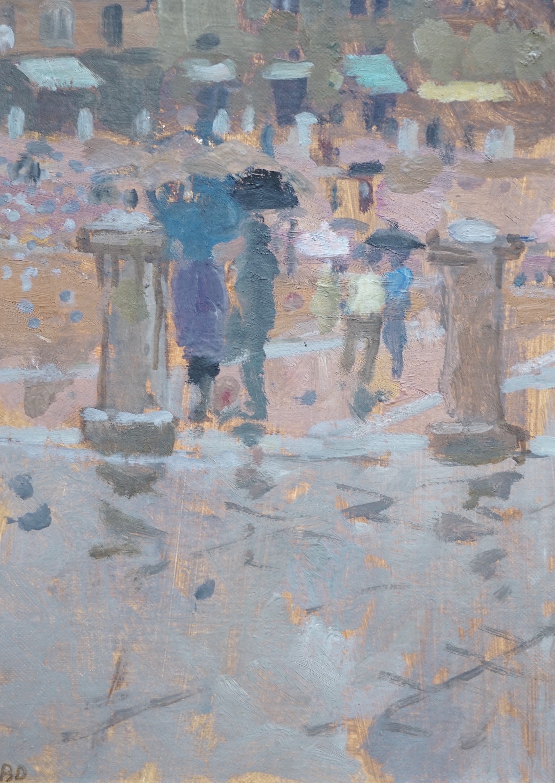 Bernard Dunstan R.A.(1920-2017), oil on board, 'The Campo, Rainy Day', initialled and dated '74 verso, 28 x 19cm